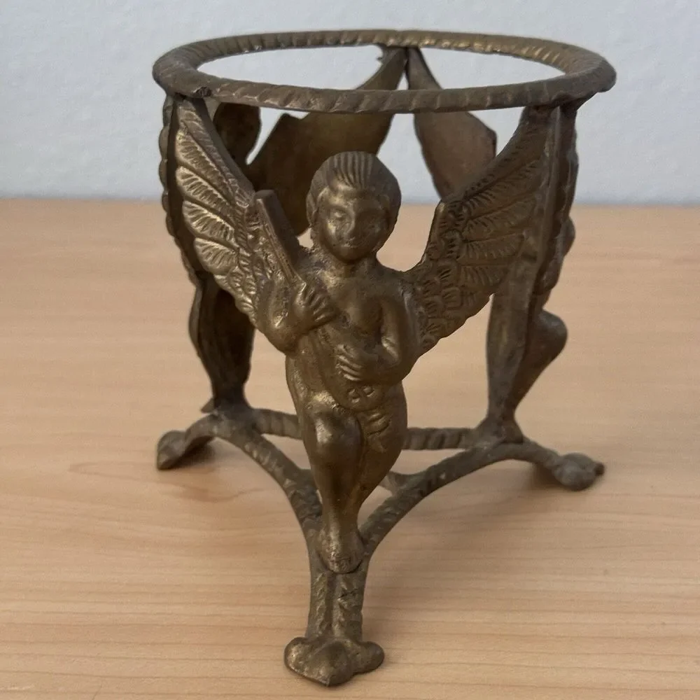 Vtg Antique Brass‎ Cherub Angel Plant Candle Orb Stand Holder Clawfoot Tripod